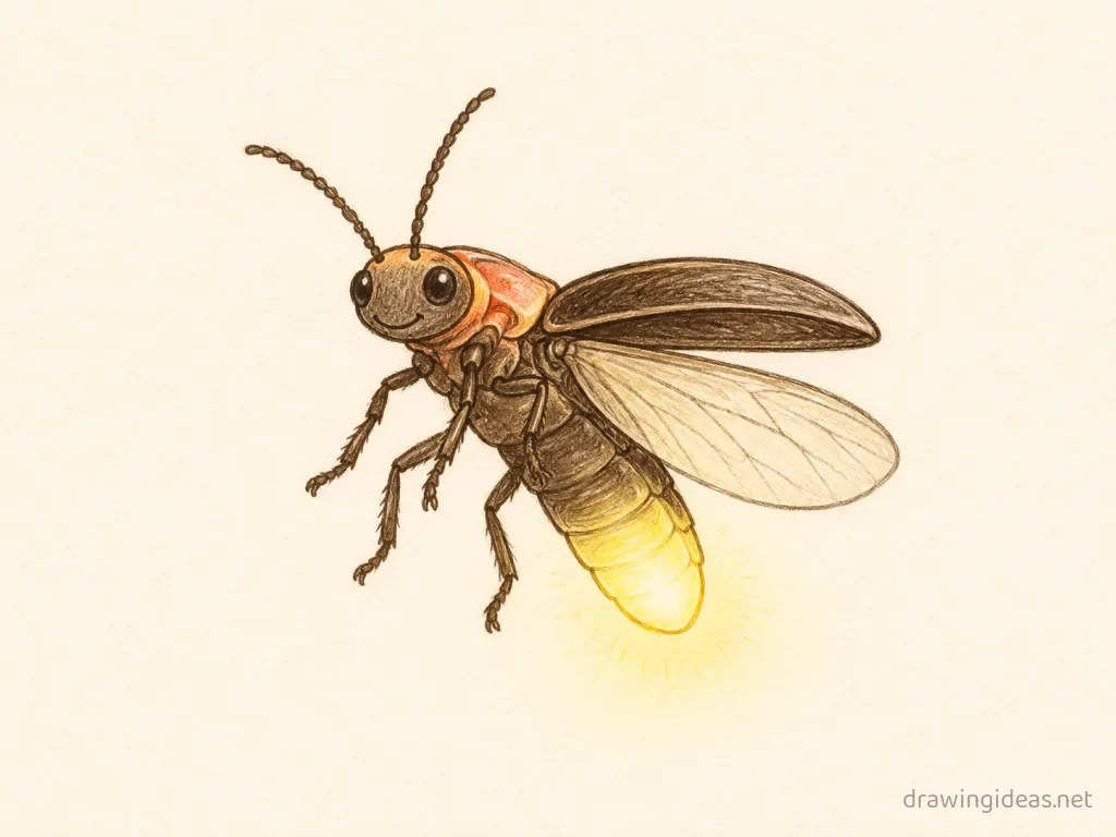 Firefly drawing — hand-drawn firefly illustration with ink lines and soft colors