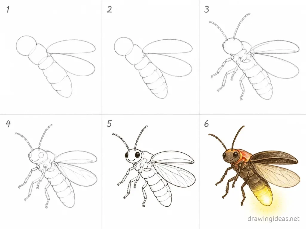 How to draw a firefly step by step — 6-step firefly drawing tutorial grid