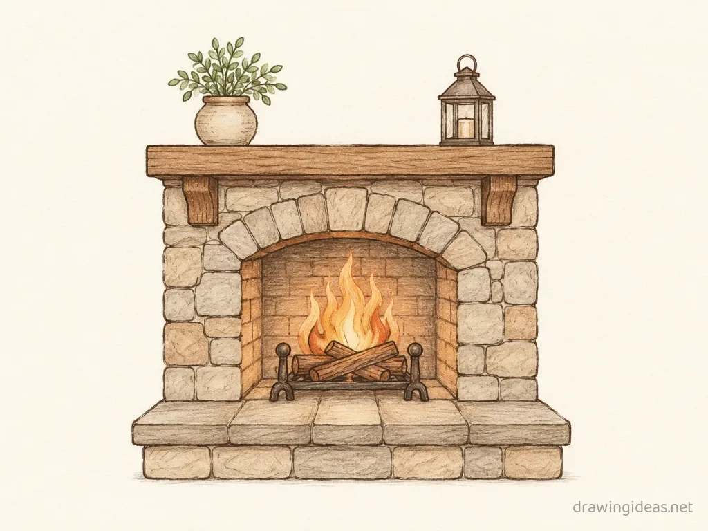 Fireplace drawing — hand-drawn fireplace illustration with ink lines and soft colors
