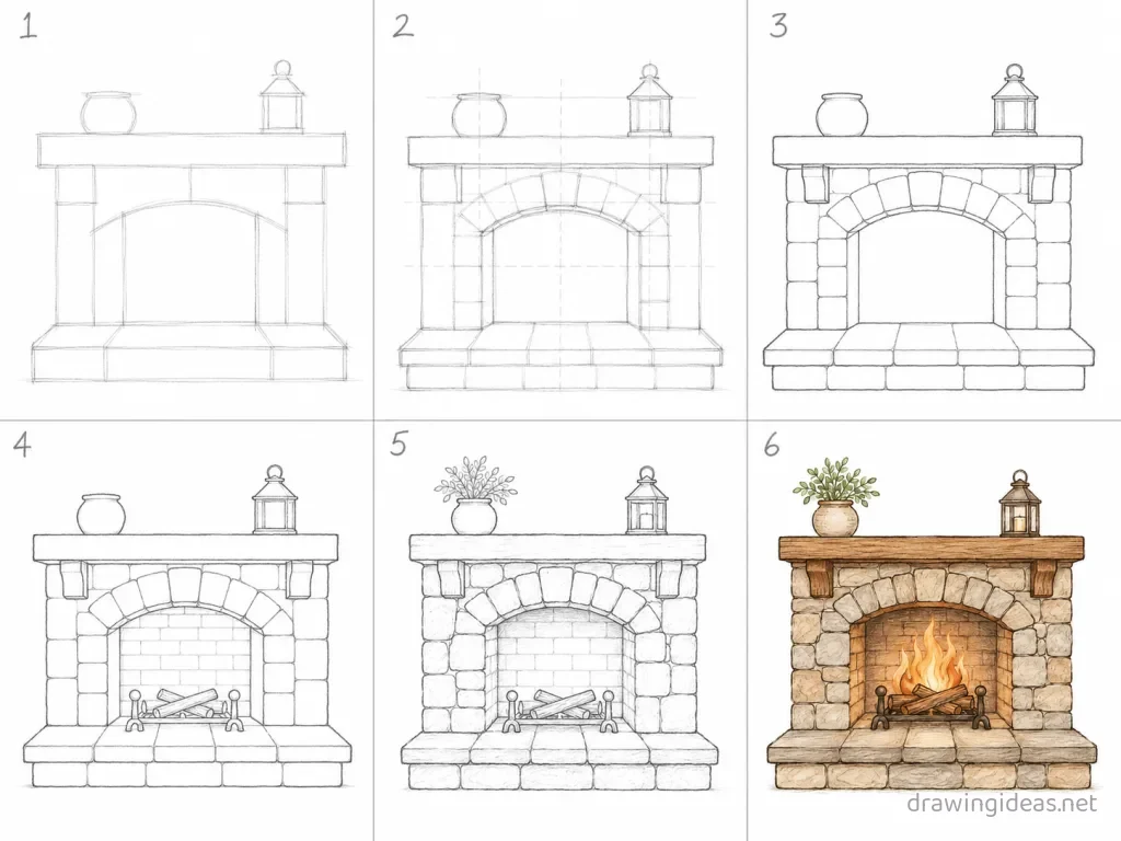 How to draw a fireplace step by step — 6-step fireplace drawing tutorial grid