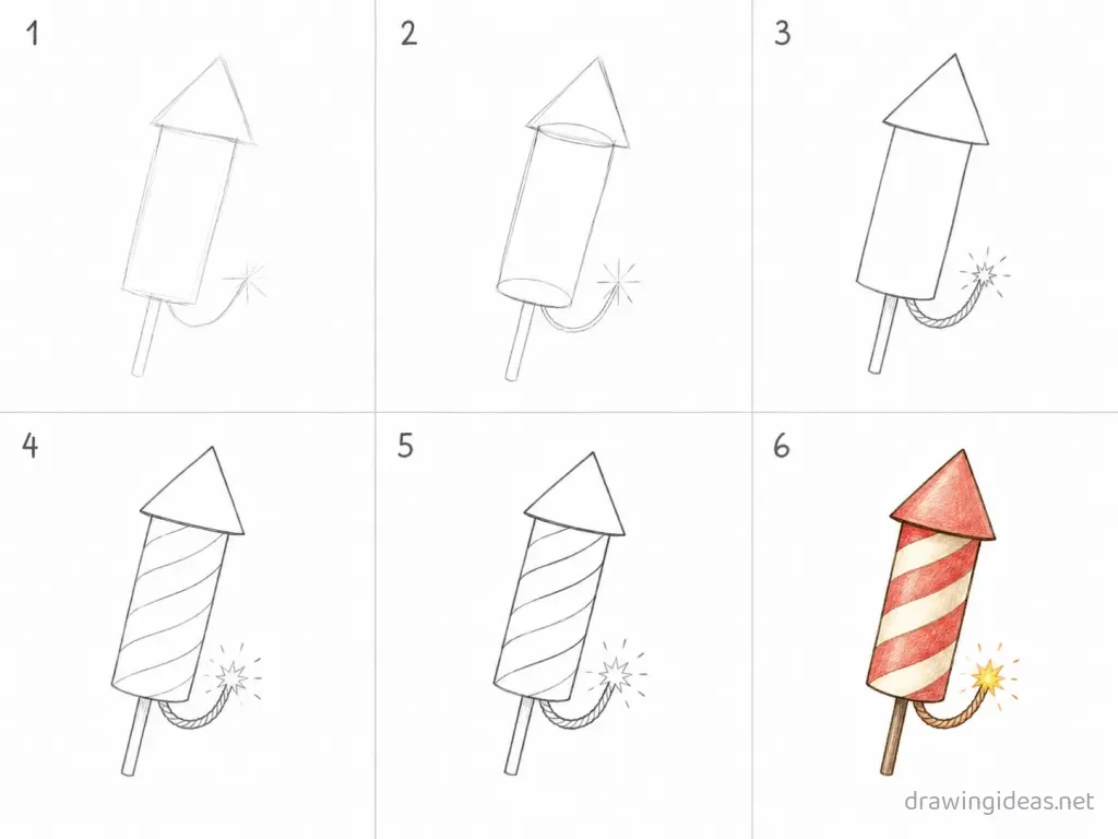 How to draw a firework step by step — 6-step firework drawing tutorial grid