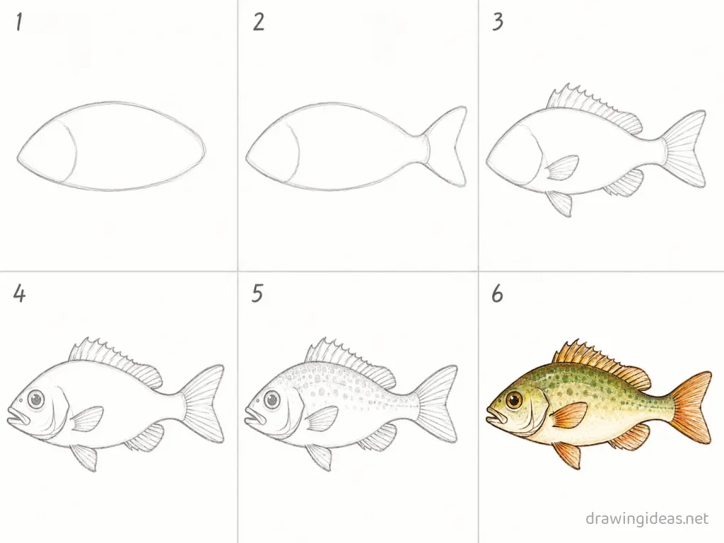 How to draw a fish step by step — 6-step fish drawing tutorial grid