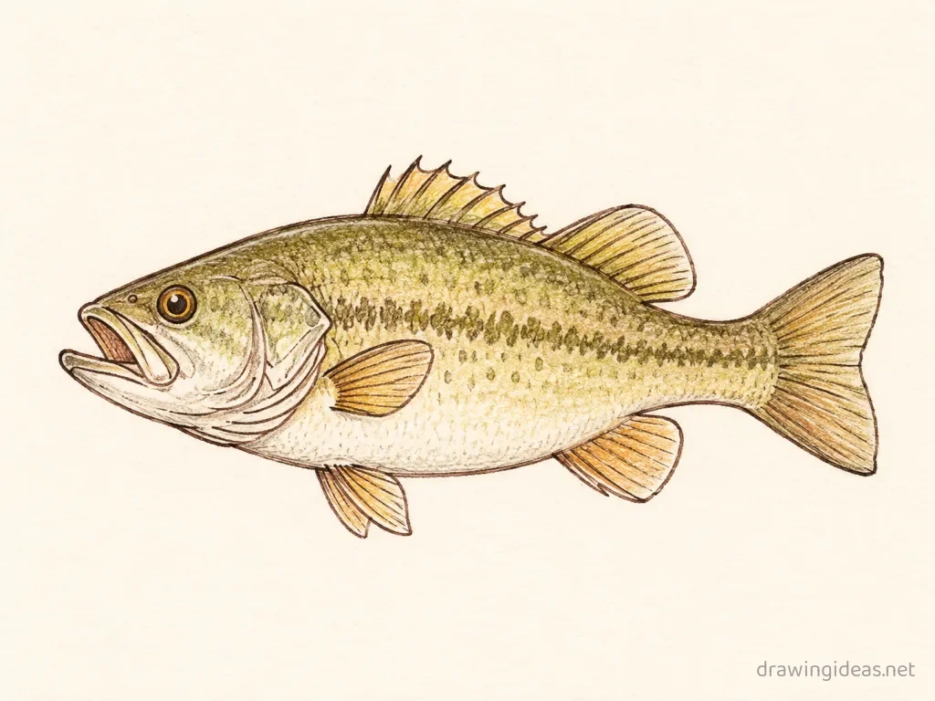 Fishing drawing — hand-drawn fishing illustration with ink lines and soft colors