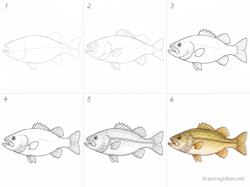 How to draw fishing step by step — 6-step fishing drawing tutorial grid