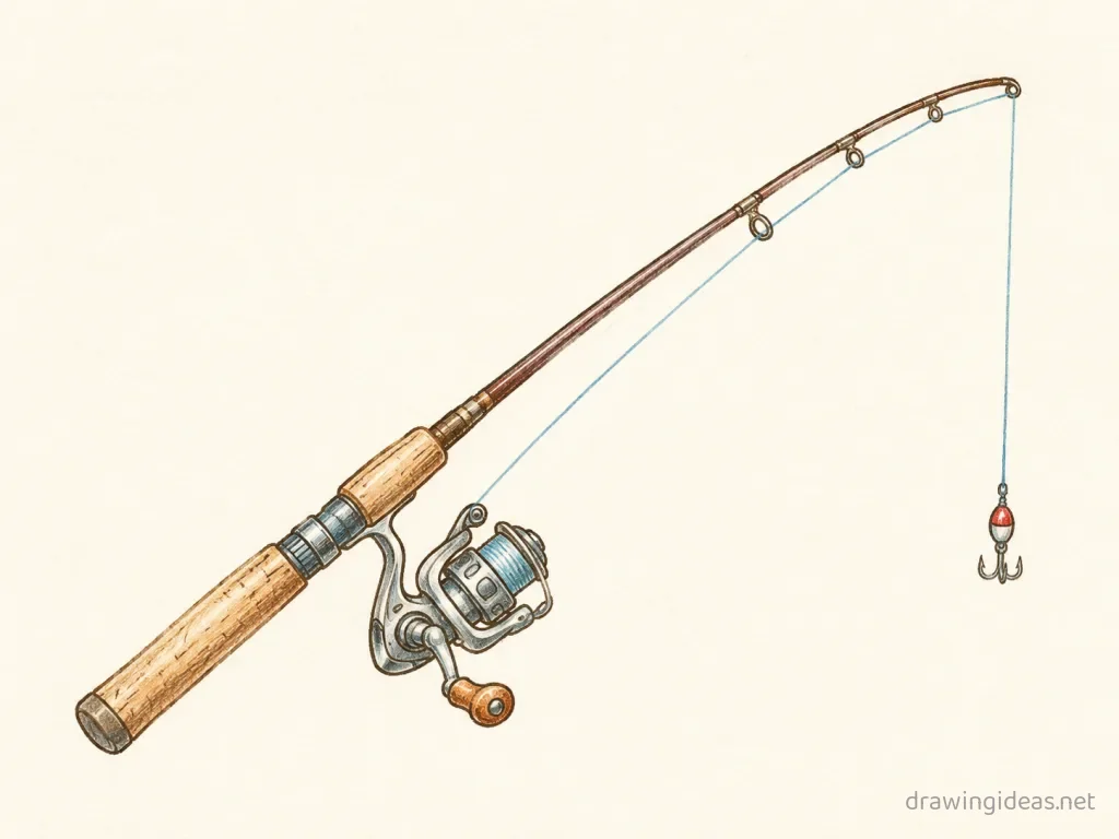 Fishing Rod drawing — hand-drawn fishing rod illustration with ink lines and soft colors