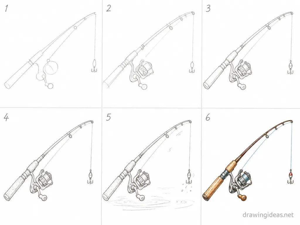 How to draw a fishing rod step by step — 6-step fishing rod drawing tutorial grid