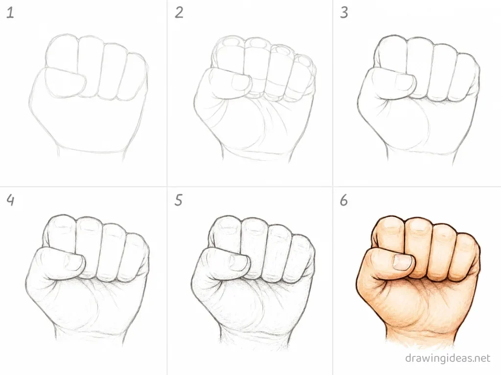 How to draw a fist step by step — 6-step fist drawing tutorial grid