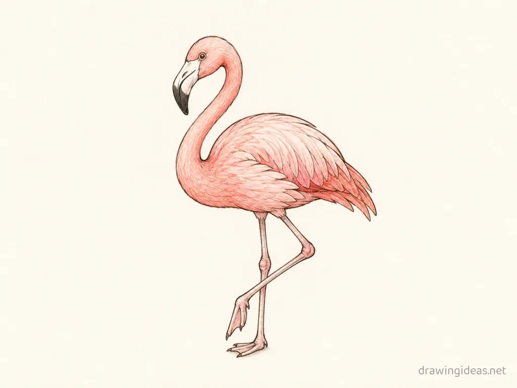 Flamingo drawing — hand-drawn flamingo illustration with ink lines and soft colors