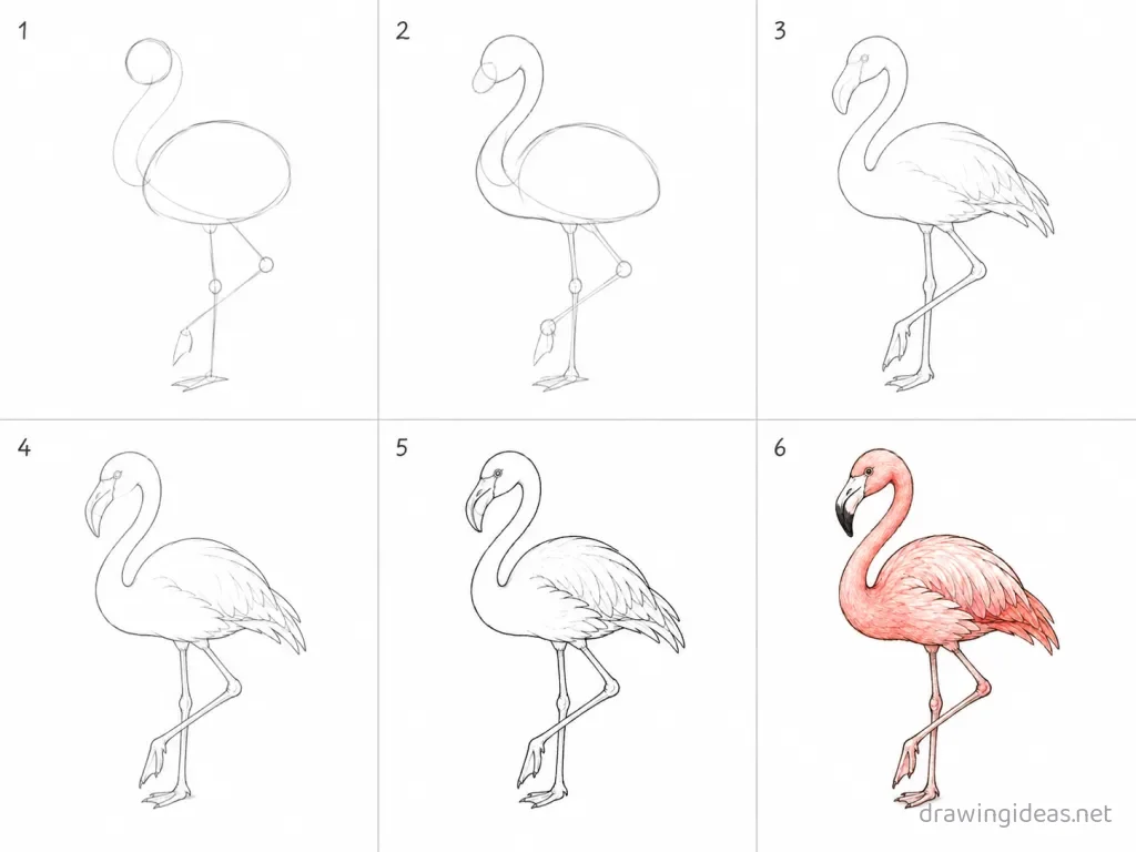 How to draw a flamingo step by step — 6-step flamingo drawing tutorial grid