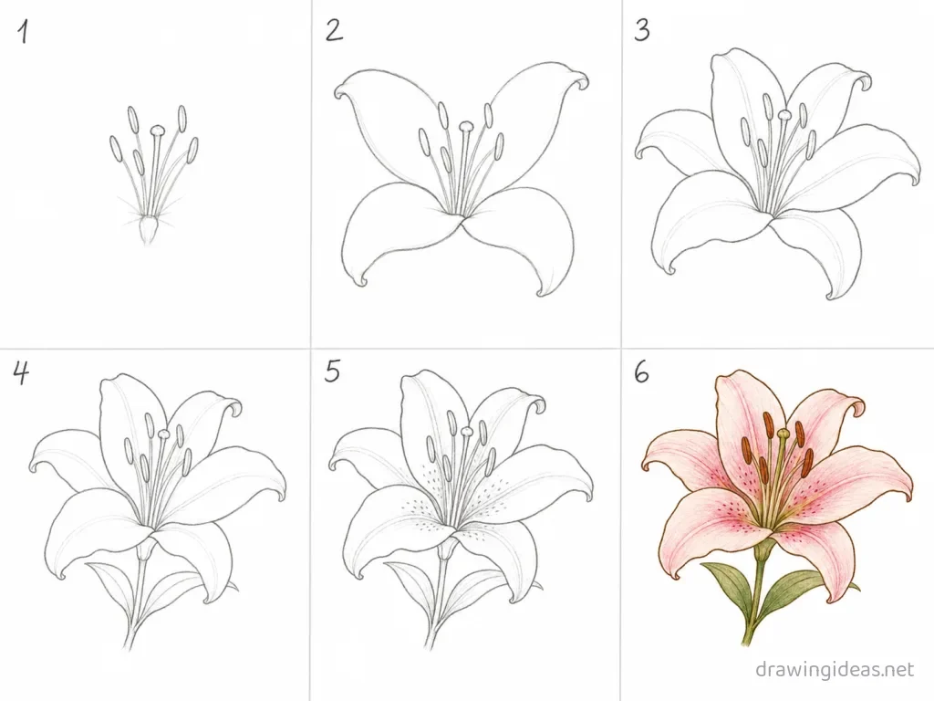 How to draw a flower step by step — 6-step flower drawing tutorial grid