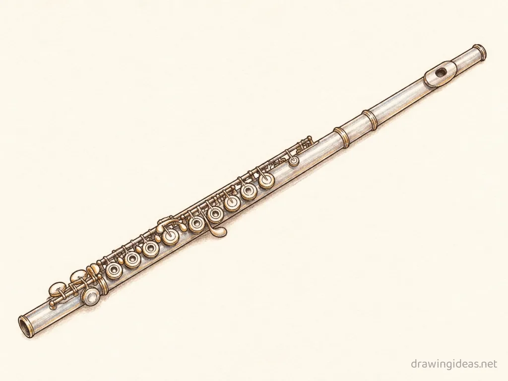 Flute drawing — hand-drawn flute illustration with ink lines and soft colors