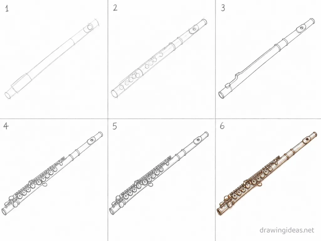 How to draw a flute step by step — 6-step flute drawing tutorial grid