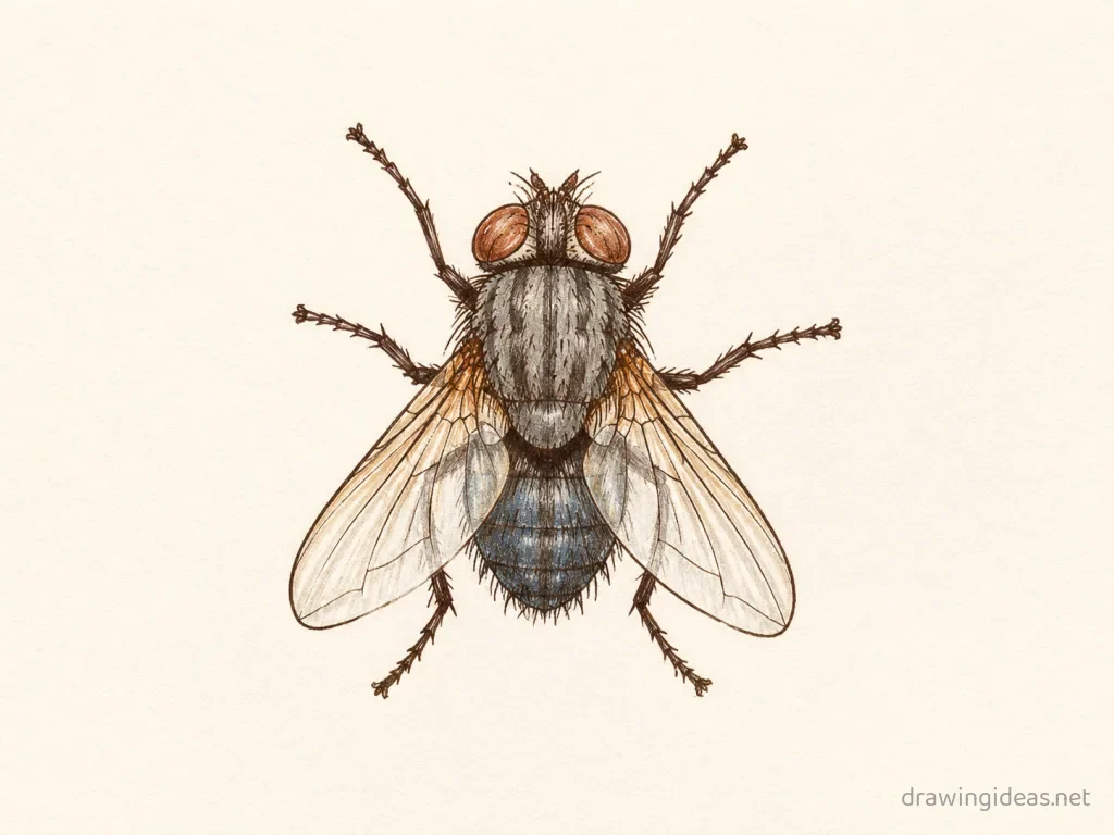 Fly drawing — hand-drawn fly illustration with ink lines and soft colors
