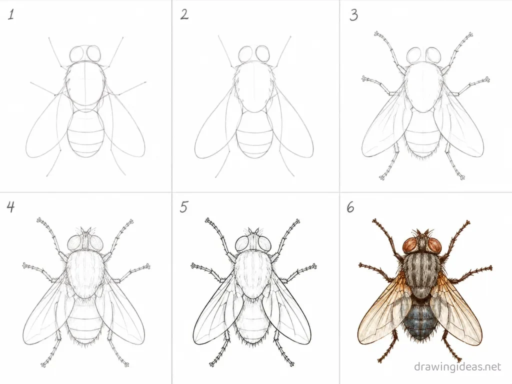 How to draw a fly step by step — 6-step fly drawing tutorial grid