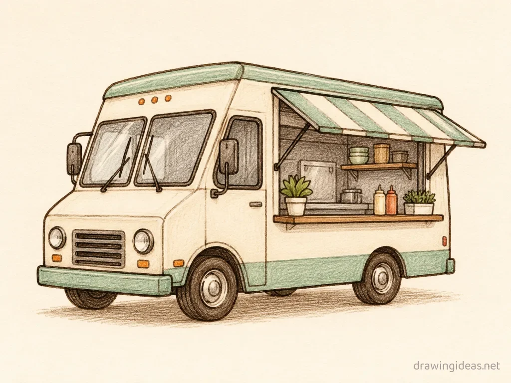 Food Truck drawing — hand-drawn food truck illustration with ink lines and soft colors