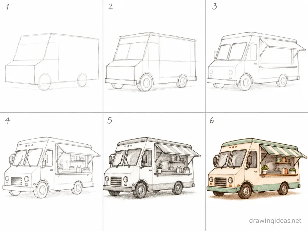 How to draw a food truck step by step — 6-step food truck drawing tutorial grid