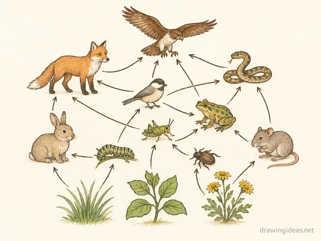 Food Web drawing — hand-drawn food web illustration with ink lines and soft colors