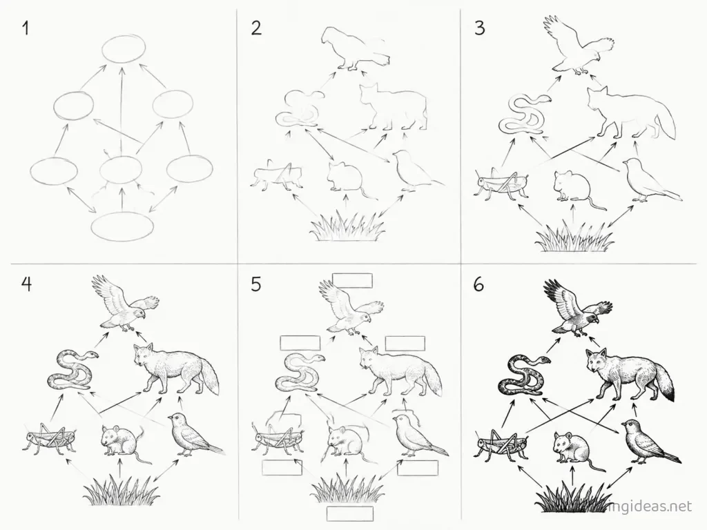 How to draw a food web step by step — 6-step food web drawing tutorial grid