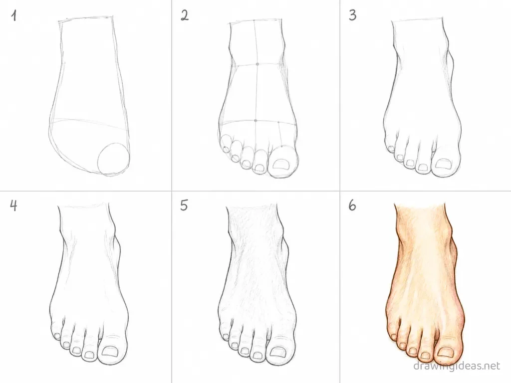 How to draw a foot step by step — 6-step foot drawing tutorial grid