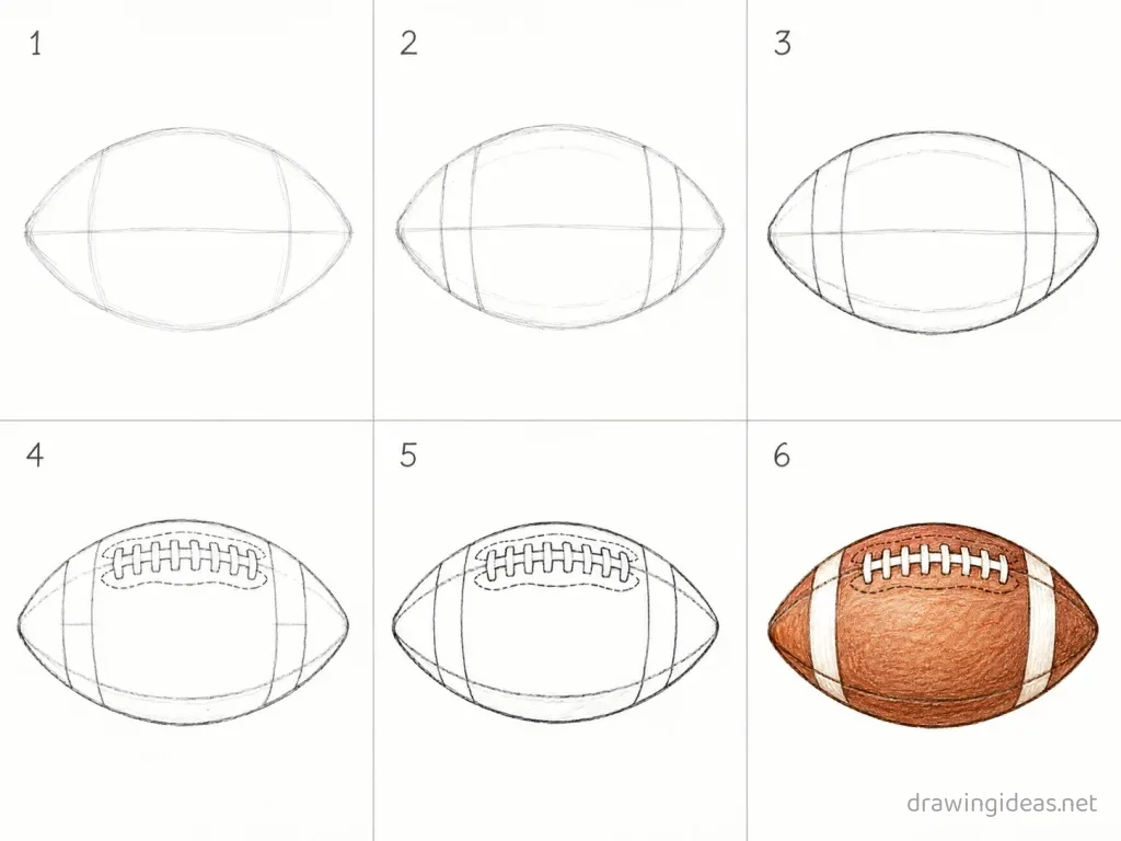 How to draw a football step by step — 6-step football drawing tutorial grid