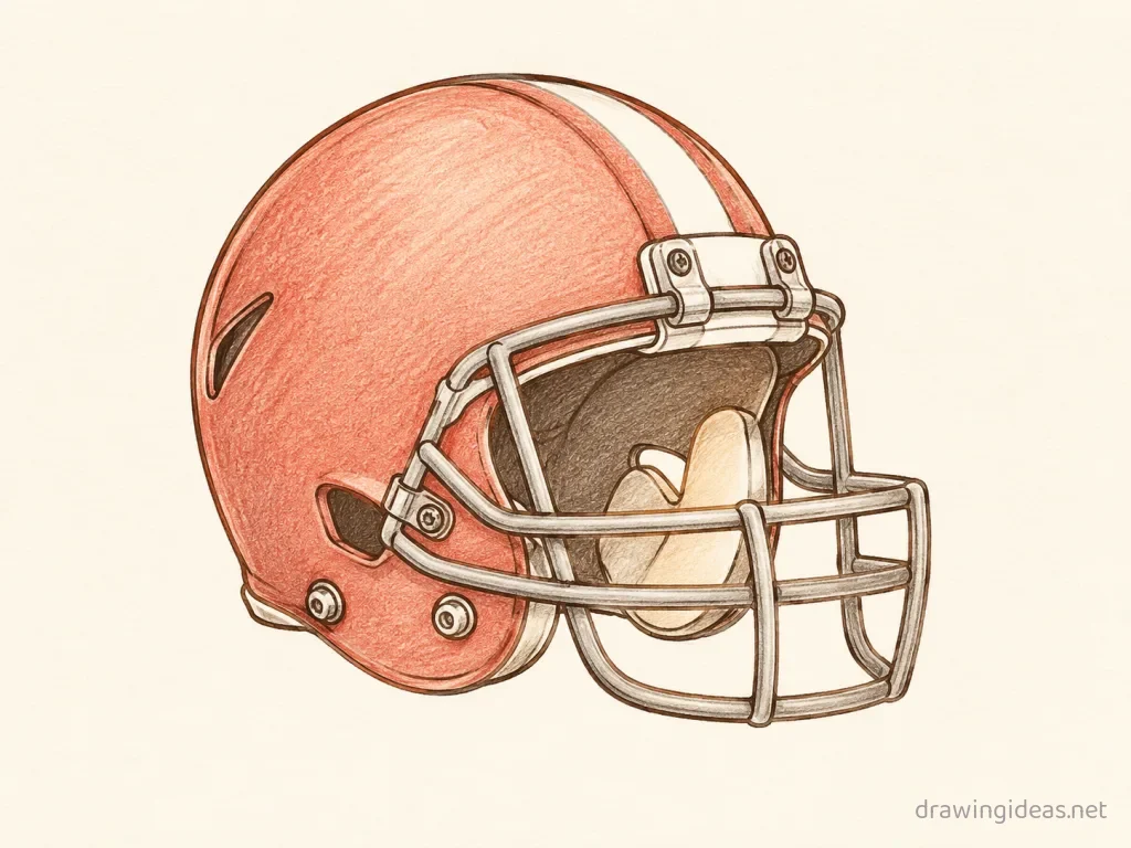 Football Helmet drawing — hand-drawn football helmet illustration with ink lines and soft colors