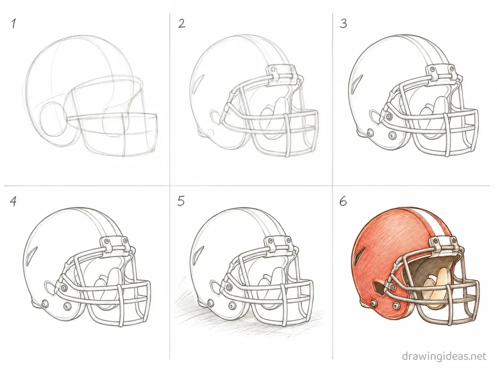 How to draw a football helmet step by step — 6-step football helmet drawing tutorial grid