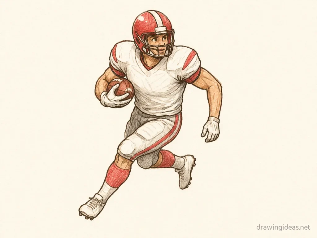 Football Player drawing — hand-drawn football player illustration with ink lines and soft colors