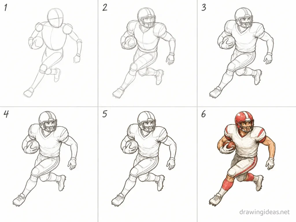 How to draw a football player step by step — 6-step football player drawing tutorial grid