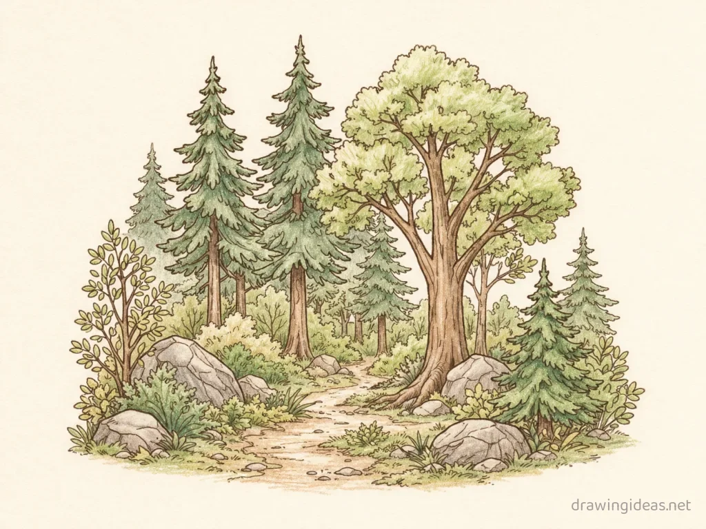 Forest drawing — hand-drawn forest illustration with ink lines and soft colors
