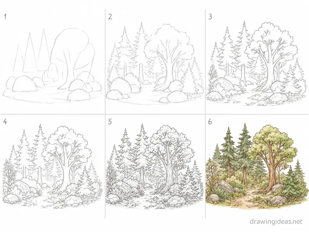 How to draw a forest step by step — 6-step forest drawing tutorial grid