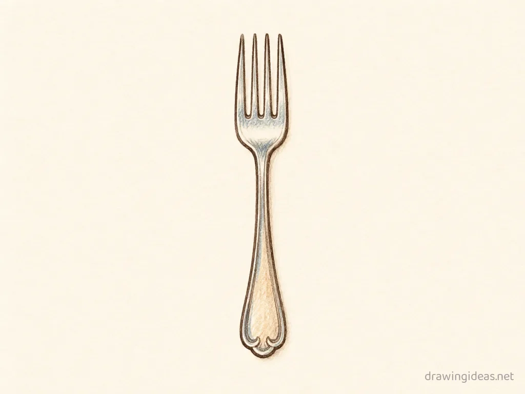 Fork drawing — hand-drawn fork illustration with ink lines and soft colors