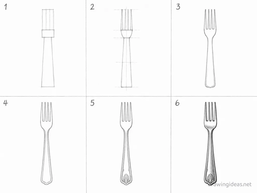 How to draw a fork step by step — 6-step fork drawing tutorial grid