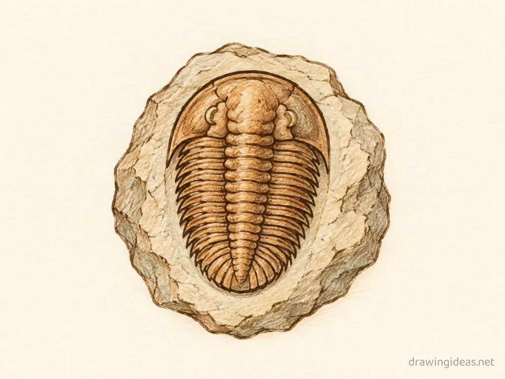 Fossil drawing — hand-drawn fossil illustration with ink lines and soft colors