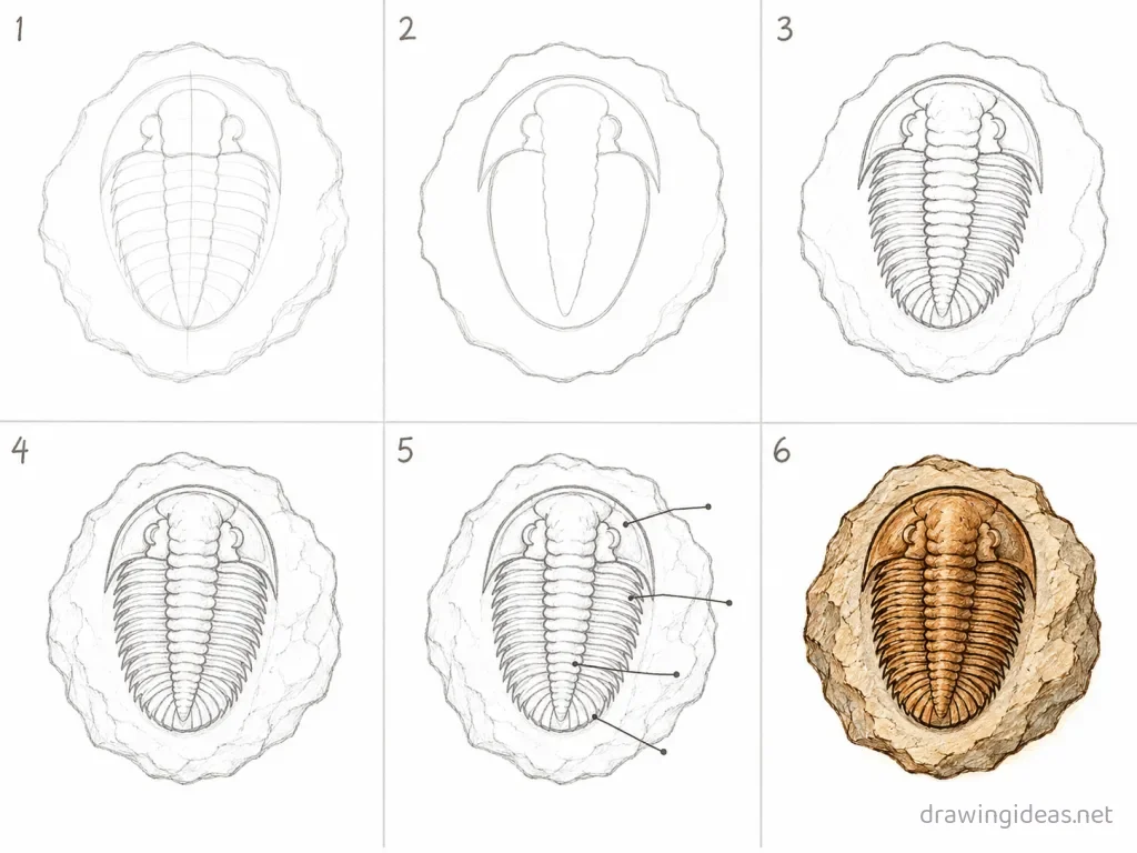 How to draw a fossil step by step — 6-step fossil drawing tutorial grid
