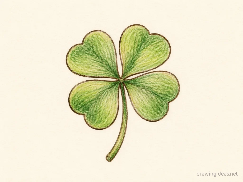 Four Leaf Clover drawing — hand-drawn four leaf clover illustration with ink lines and soft colors