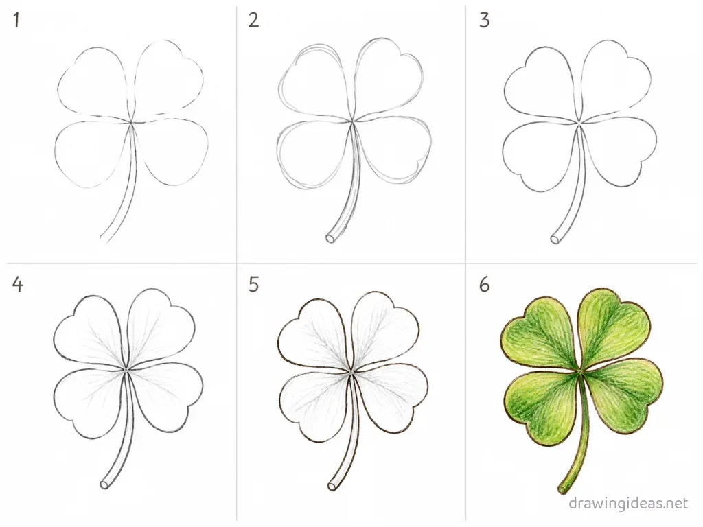 How to draw a four leaf clover step by step — 6-step four leaf clover drawing tutorial grid