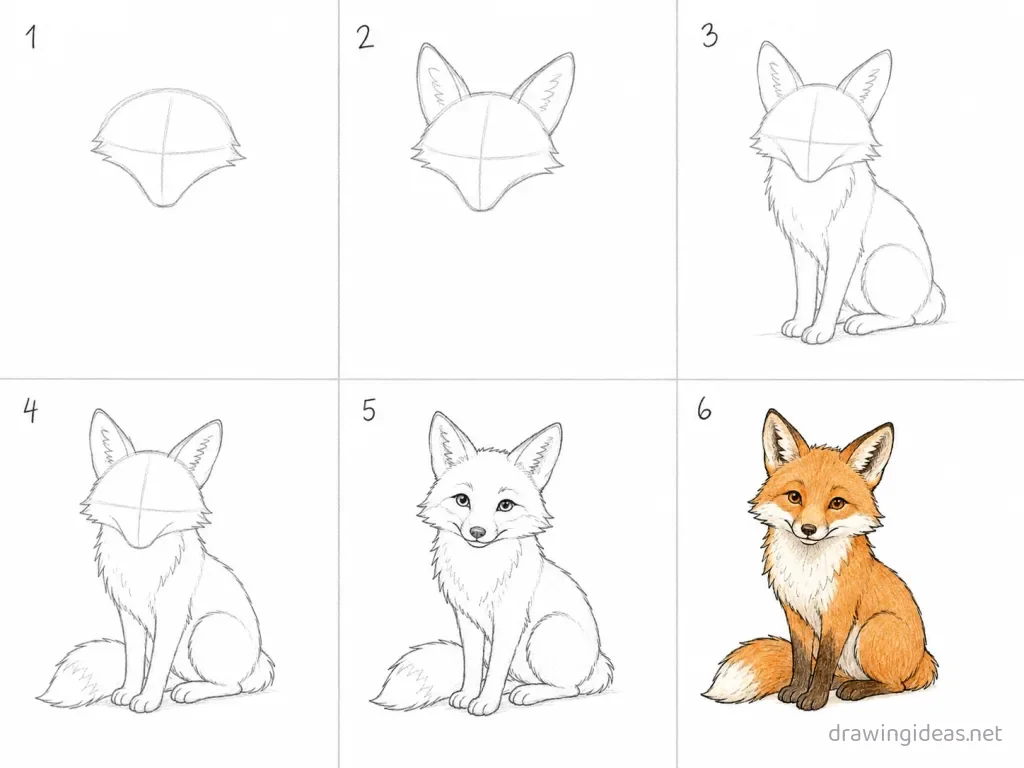 How to draw a fox step by step — 6-step fox drawing tutorial grid