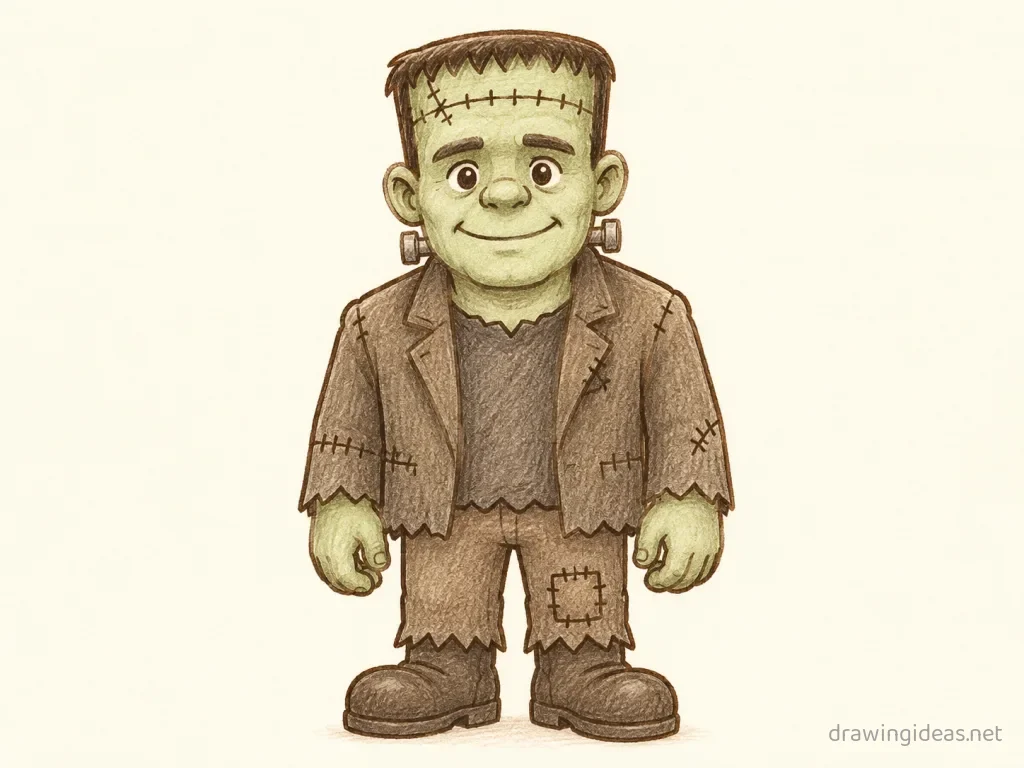 Frankenstein drawing — hand-drawn frankenstein illustration with ink lines and soft colors