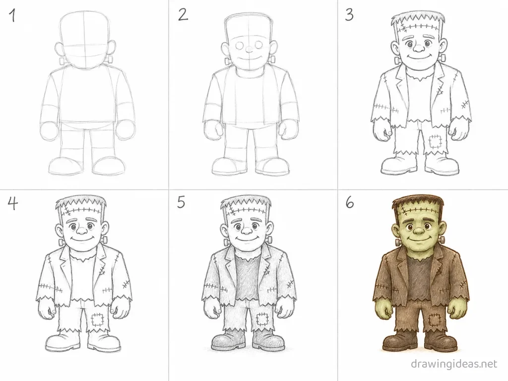 How to draw a frankenstein step by step — 6-step frankenstein drawing tutorial grid