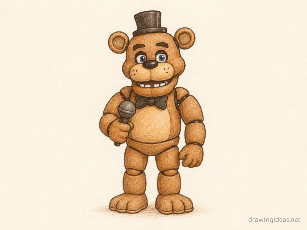 Freddy Fazbear drawing — hand-drawn Freddy Fazbear illustration with ink lines and soft colors