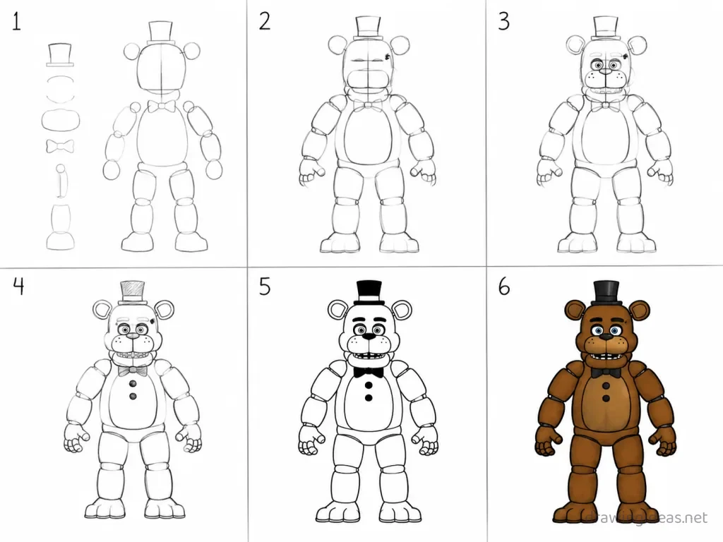 How to draw Freddy Fazbear step by step — 6-step Freddy Fazbear drawing tutorial grid