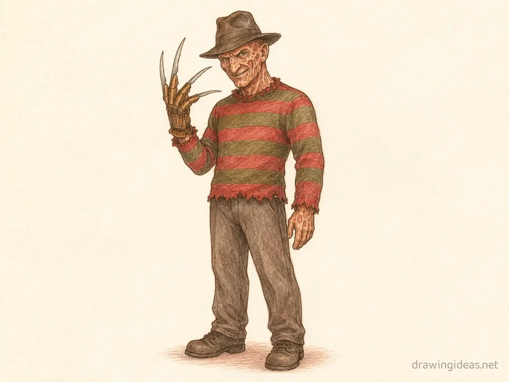Freddy Krueger drawing — hand-drawn Freddy Krueger illustration with ink lines and soft colors