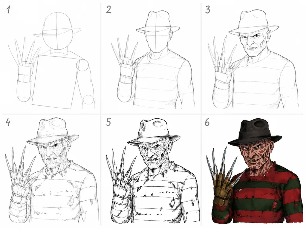 How to draw Freddy Krueger step by step — 6-step Freddy Krueger drawing tutorial grid