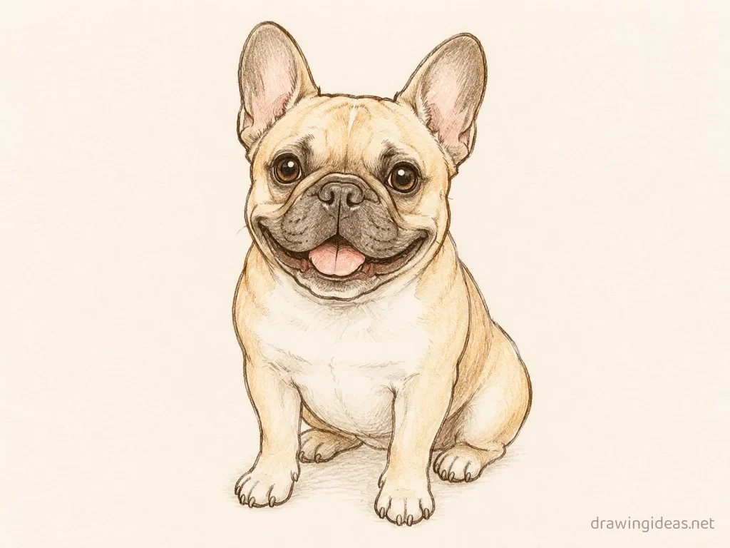 French Bulldog drawing — hand-drawn French bulldog illustration with ink lines and soft colors