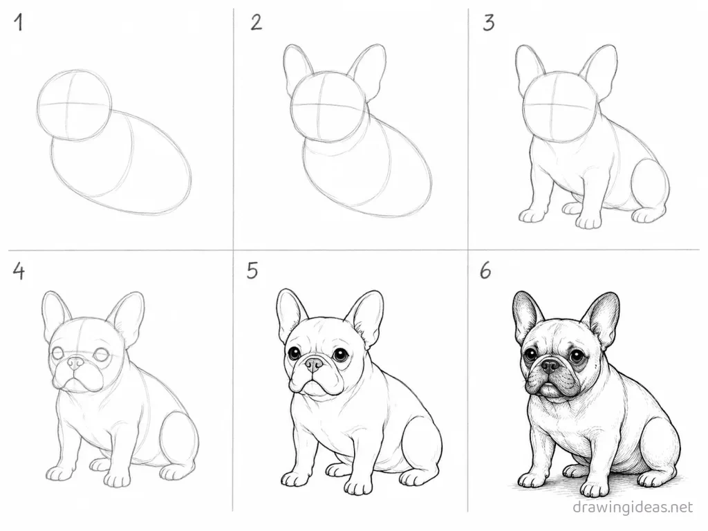 How to draw a French bulldog step by step — 6-step French bulldog drawing tutorial grid