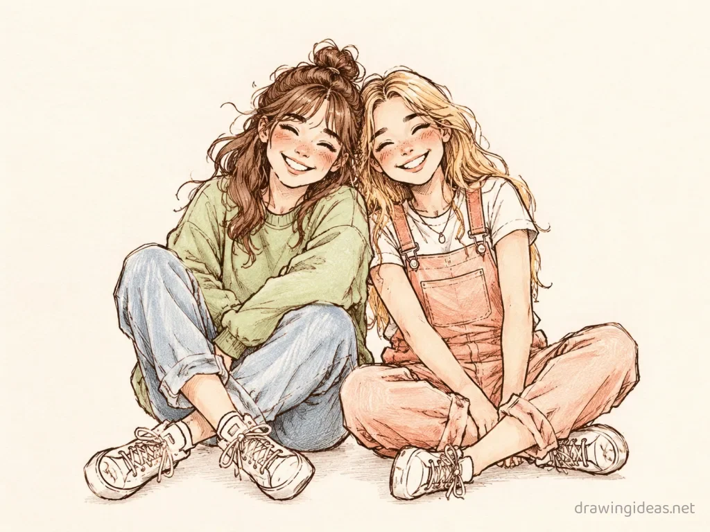 Friends drawing — hand-drawn friends illustration with ink lines and soft colors
