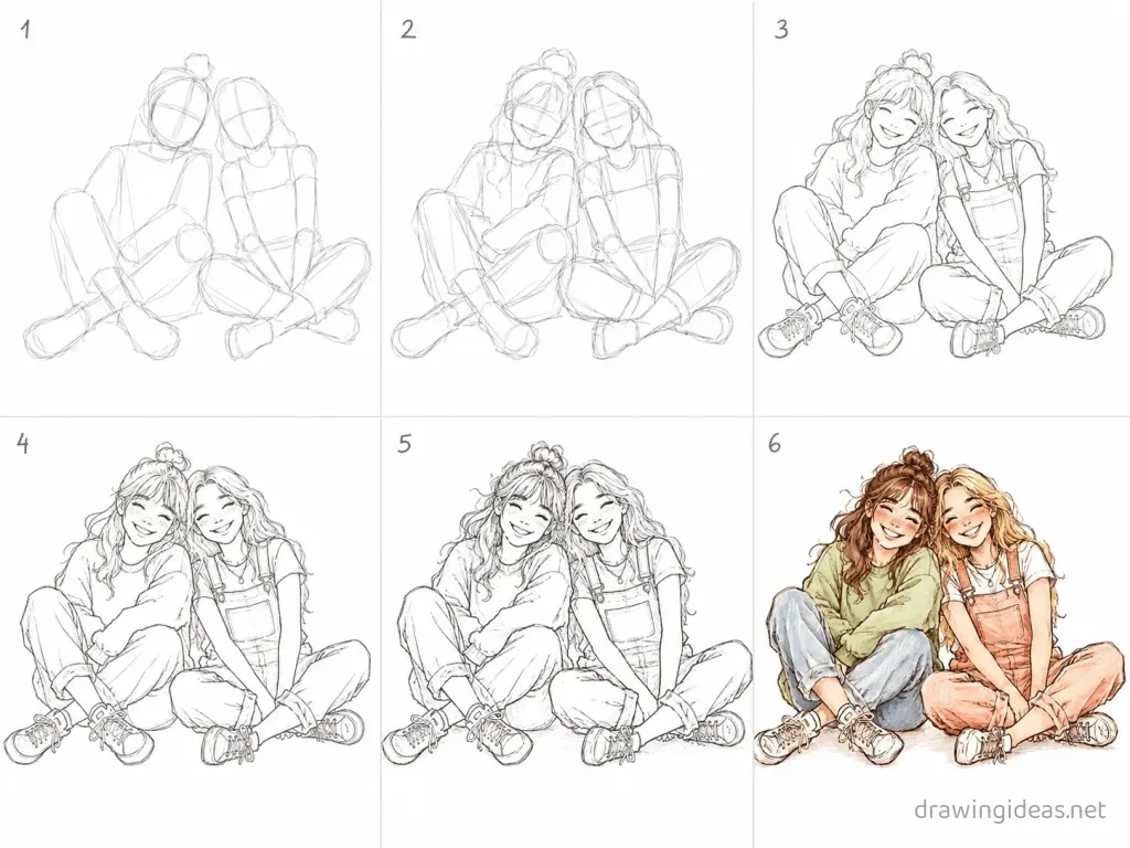 How to draw friends step by step — 6-step friends drawing tutorial grid