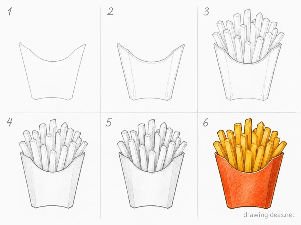 How to draw fries step by step — 6-step fries drawing tutorial grid