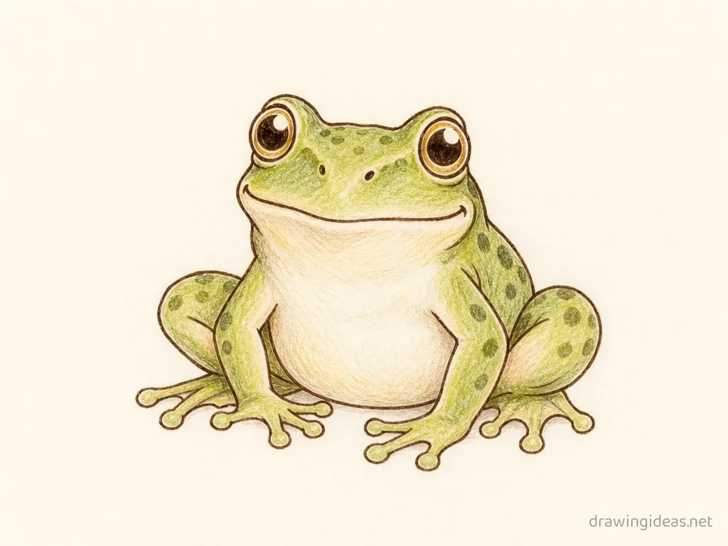 Frog drawing — hand-drawn frog illustration with ink lines and soft colors