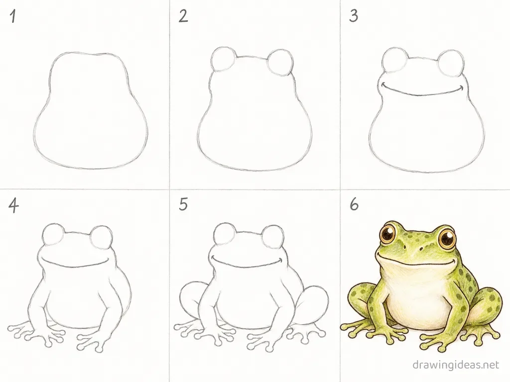How to draw a frog step by step — 6-step frog drawing tutorial grid